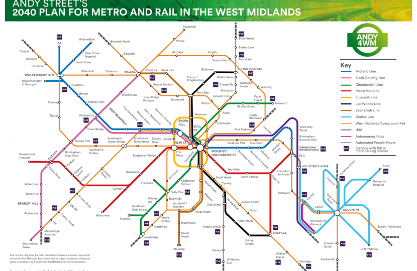 Map of Andy Street’s 2040 Vision for Metro and Rail in the West Midlands