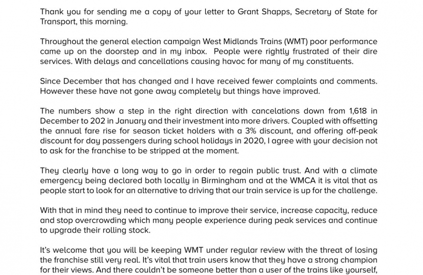 Copy of letter to Andy Street re West Midlands Train