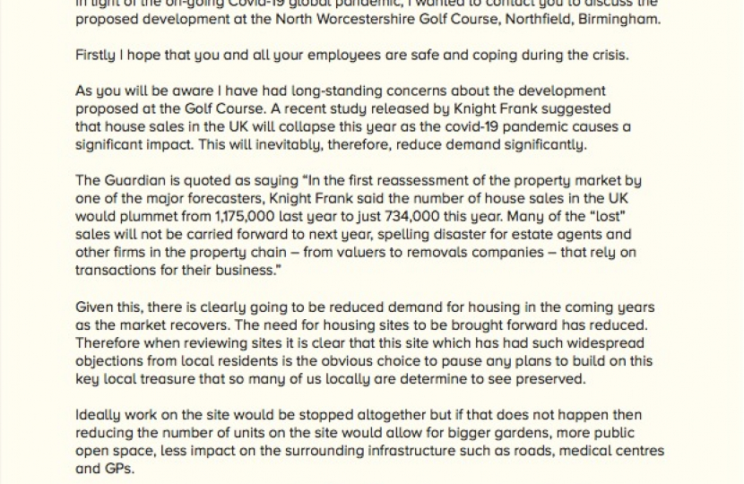 Letter to Bloor Homes