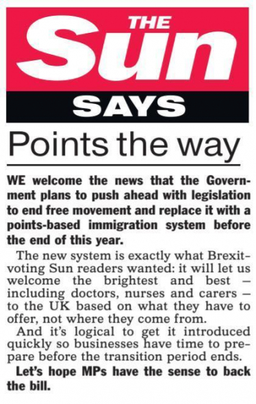 Article from the Sun re the debate on immigration